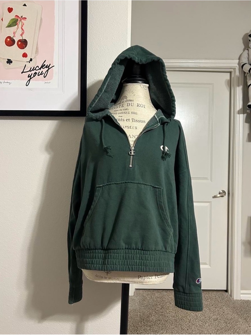 Champion Dark Green Half-Zip Hooded Pullover